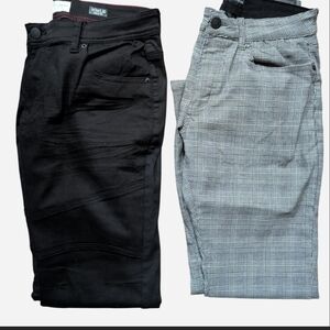 Black Slim Pants & Gray Plaid Trousers - Two-Pack